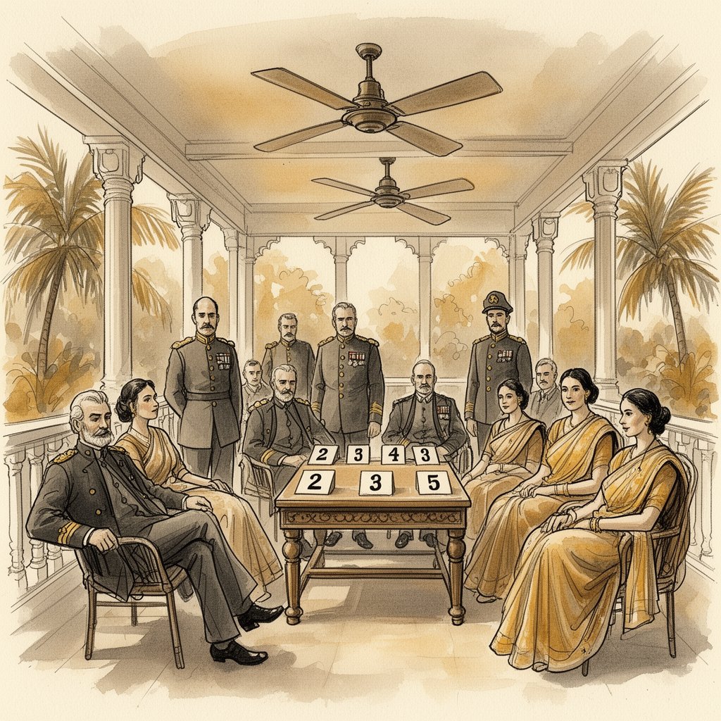 Watercolor illustration of a colonial-era veranda in India with people playing Housey-Housey