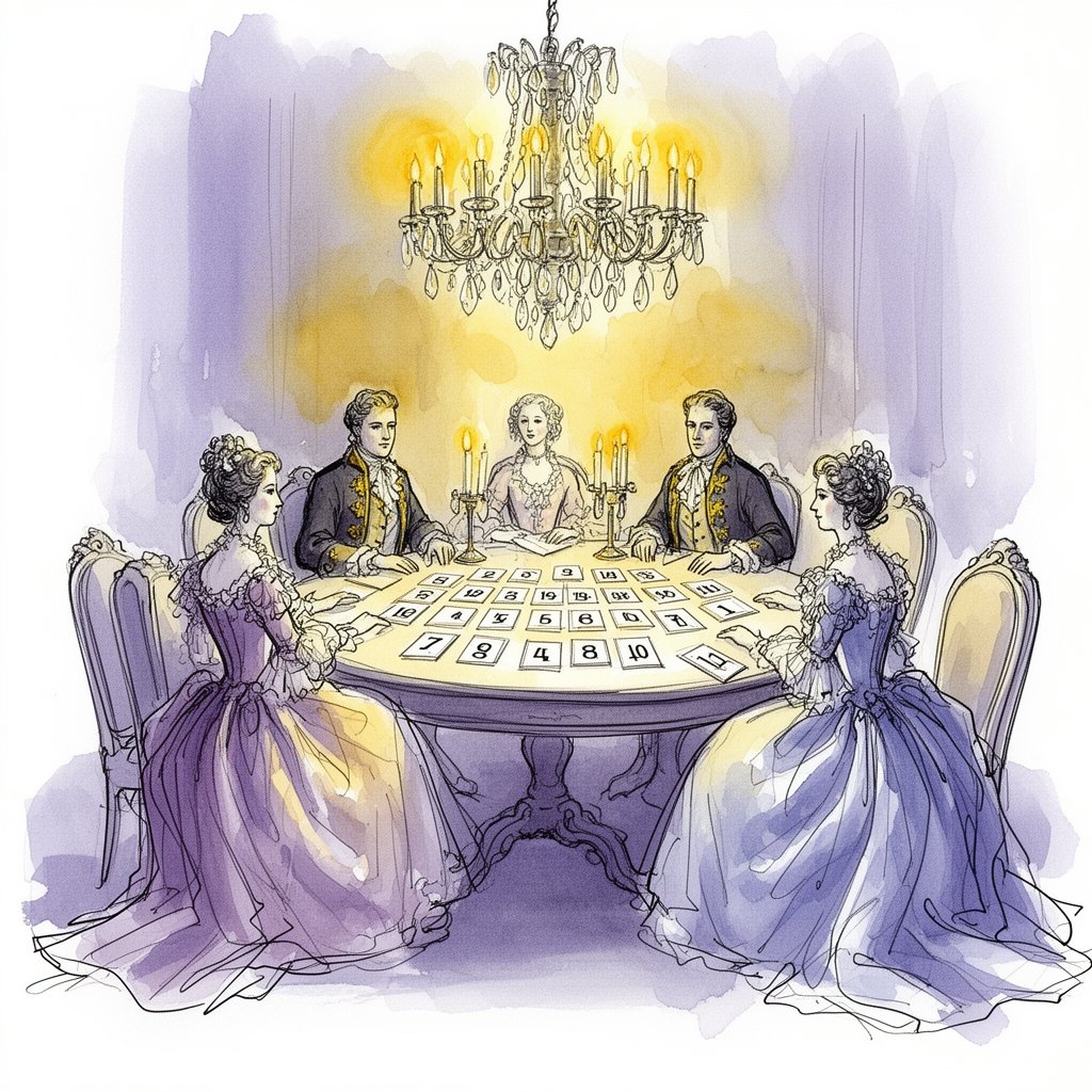 Watercolor illustration of French aristocrats playing Le Lotto in a candlelit salon