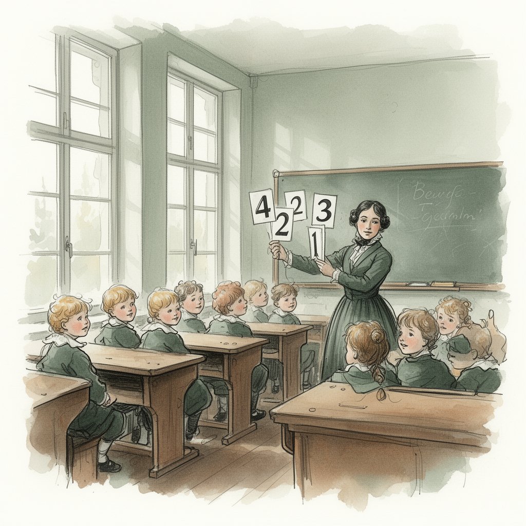 Watercolor illustration of a 19th-century German schoolroom with children learning numbers