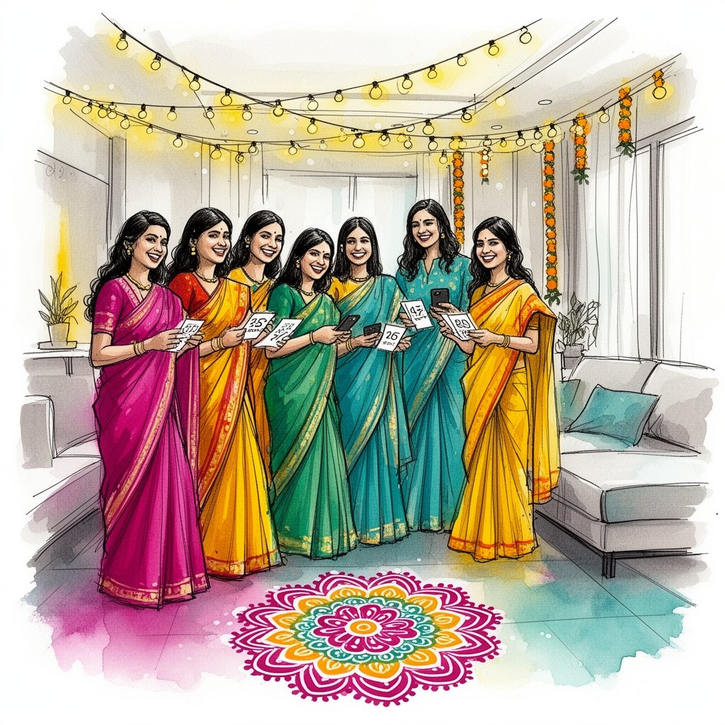 Watercolor illustration of women playing Tambola during a Diwali celebration in a modern Indian home