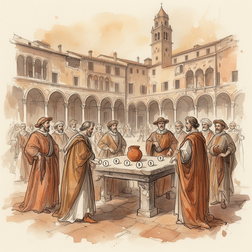 Watercolor illustration of an Italian Renaissance lottery scene in a piazza