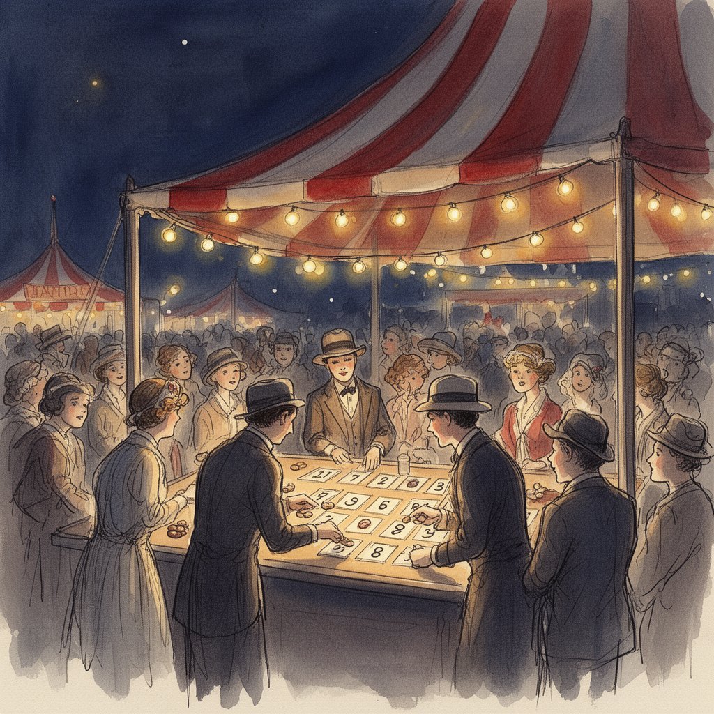 Watercolor illustration of a 1920s American carnival with people playing Beano